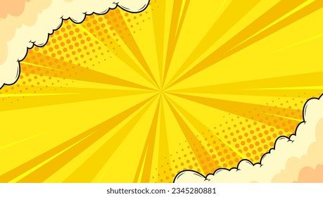 yellow comic background with rays, dot halftone and cartoon cloud vector