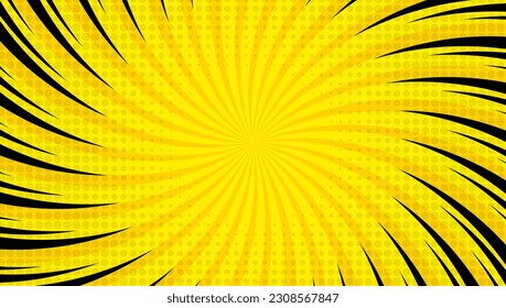 Fondo de cómic amarillo con explosión de sol y semitono de punto  