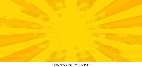 yellow comic background with sun burst and dot halftone. Cartoon funny retro pattern strip mock up. Vector halftone illustration. Vintage backdrop for comic superhero text, speech bubble, message.