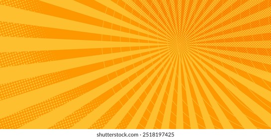 Fondo cómico amarillo con estallido de sol y punteado, patrón retro. Ilustración vectorial de semitono.
