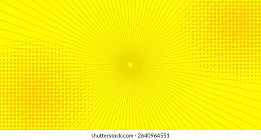 Yellow comic background with sun burst and dot halftone  
