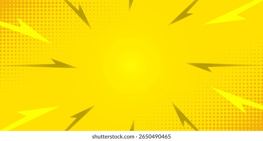 Fundo de quadrinhos amarelo com explosão de sol e meio-tom de ponto  