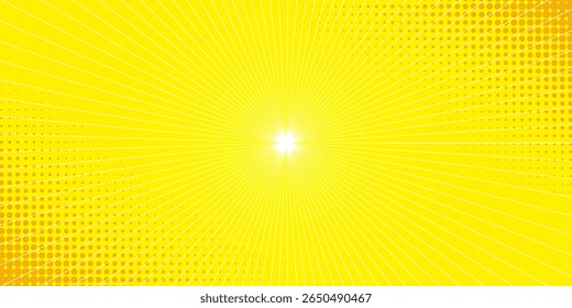 Yellow comic background with sun burst and dot halftone  