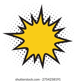 Yellow comic book explosion speech bubble with black stars and rays for sale promotion or superhero concept