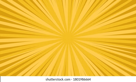 Yellow comic book page background in pop art style with empty space. Template with rays, dots and halftone effect texture. Vector illustration