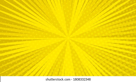 Yellow comic book page background in pop art style with empty space. Template with rays, dots and halftone effect texture. Vector illustration