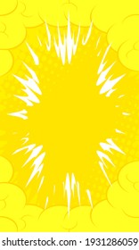 Yellow comic book style background, pop art superhero backdrop. Explosion cartoon illustration. Retro vector vintage style.