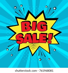 Yellow comic bubble with BIG SALE word on blue background. Comic sound effects in pop art style. Vector illustration.