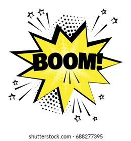 Yellow comic bubble with BOOM word. Comic sound effects in pop art style. Sound bubble speech with word and comic cartoon expression sounds illustration. Vector illustration.