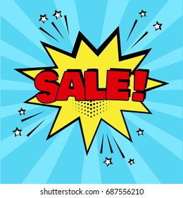 Yellow comic bubble with SALE word on blue background. Comic sound effects in pop art style. Sound bubble speech with word and comic cartoon expression sounds illustration. Vector illustration.