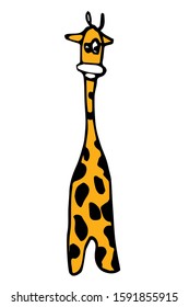 
Yellow comic giraffe with black spots in hand drawing. Front view. Outline. Cute wild animal from jungle doodle in sketch style. Hand-drawn wild nature vector illustration.