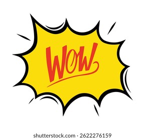 Yellow comic speech bubble with red Wow text.  Pop art style exclamation.