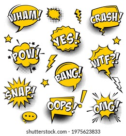 Yellow comic speech bubbles with halftone shadows and text isolated on white background. Hand drawn retro cartoon stickers. Pop art style. Vector illustration.