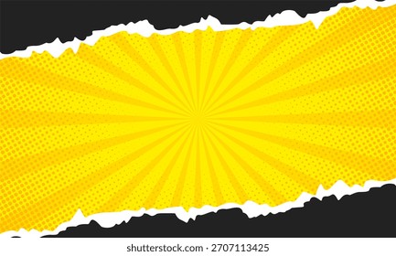 Gelber Comic-Streifenhintergrund mit zerrissenem schwarzem Hintergrund 