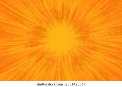 Fondo amarillo del sunburst del cómic. Retro poop art luz del sol Vector de dibujos animados bg. Rayos anaranjados con patrón punteado. Rayos rayados de explosión. Vector manga efecto libro.