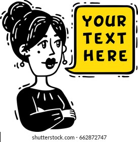 Yellow comic woman dialogue box says