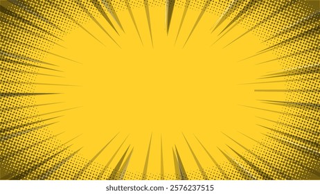 yellow comic zoom background with rays and halftone dots Vector.