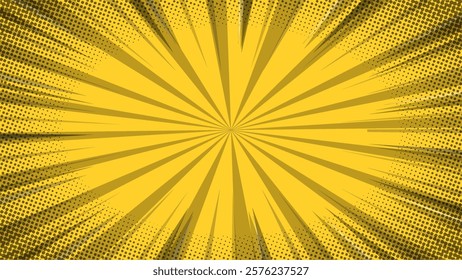 yellow comic zoom background with rays and halftone dots Vector.