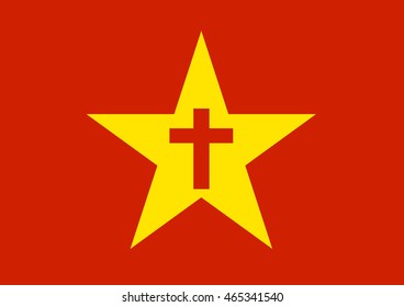 Yellow communist star and cross. Metaphor of head of roman catholic church, Pope Francis, and his critique of neoliberal economy ( slavery, exploitation, poverty ). Appeal for equality of socialism