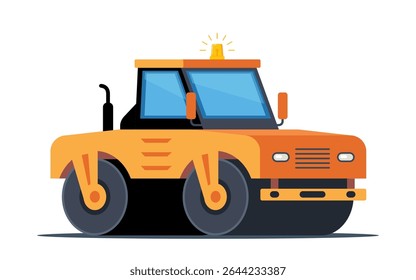 Compactador amarelo, rolo de estrada vibratório e pavimentador de asfalto, equipamento pesado para a construção de estradas.
