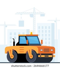 Compactador amarelo, rolo de estrada vibratório e pavimentador de asfalto, equipamento pesado para a construção de estradas no fundo da cidade.