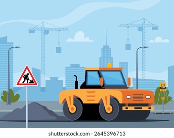 Compactador amarelo, rolo de estrada vibratório e pavimentador de asfalto, equipamento pesado para a construção de estradas no fundo da cidade.