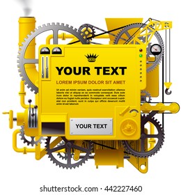 Yellow complex fantastic machine with gears, levers, pipes, meters, production line, flue and lifting crane. Steampunk style template, poster and techno background. Vector illustration