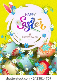 Yellow composition with an round white frame, Easter eggs with a pattern and flowers.