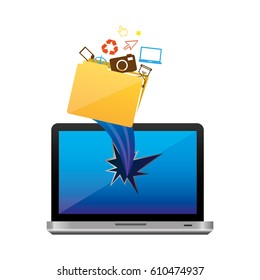 yellow computer file with technological icons and hole, vector illustraction design