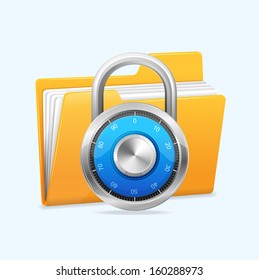 Yellow computer folder and combination lock. Data security concept.