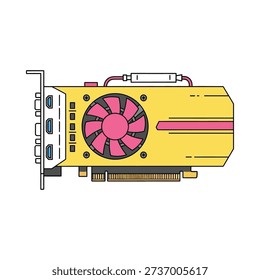 A yellow computer graphics card with a pink fan