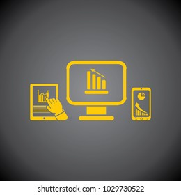 Yellow Computer, Mobile, Tablet Phone icon on black background.