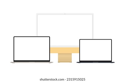Yellow Computer Monitor and Laptops with Blank Screens, Isolated on White Background. Vector Illustration