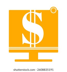 yellow computer screen symbol with currency symbols lira, dollar, rupiah, yen, yuan, won and euro