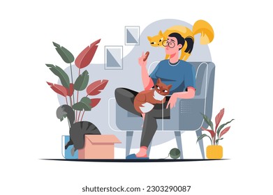 Yellow concept Funny situation in life pets with people scene in the flat cartoon design. Woman spends a free time with her cats, Vector illustration.