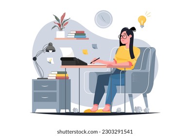 Yellow concept Writer with people scene in the flat cartoon style. The writer is working on writing a new book. Vector illustration.