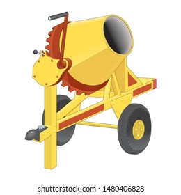 Yellow concrete mixer in cartoon style flat design on white background. Cement-mixer with tipping handle and black control box with red buttons. Vector realistic illustration of building equipment
