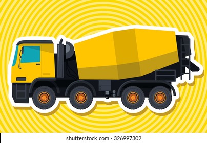Yellow concrete mixer. Nice isolated vector. Carry of sand, coal, waste rock and gravel. Golden illustration for banner or icon. Truck, Digger, Crane, Forklift, Small Bagger, Mix, Roller, Extravator