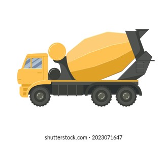 Yellow concrete mixer truck isolated on transparent white background. Vector flat design illustration. Side view.