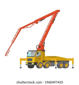 Yellow concrete pump isolated on white background. Construction machinery flat vector illustration.