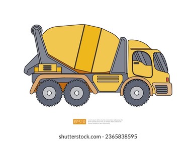 Yellow concrete truck vehicle icon. Mixer cement truck side view flat design. Isolated heavy industry equipment machine. Construction machinery pouring of cement. Coloring Page Book Cartoon for Kids