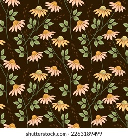 Yellow cone flowers with green leaf seamless pattern. This pattern can be used for fabric textile wallpaper.
