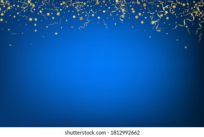 Yellow Confetti Abstract Vector Blue Background. Celebration Streamer Plant. Ribbon Celebrate Branch. Golden Christmas Poster.