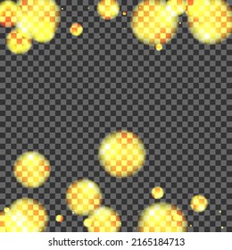 Vector transparente de fondo de confetti amarillo. Diseño gráfico de bolas. Plantilla de spray. Tarjeta Elegante Golden Bokeh. Blur Happy.