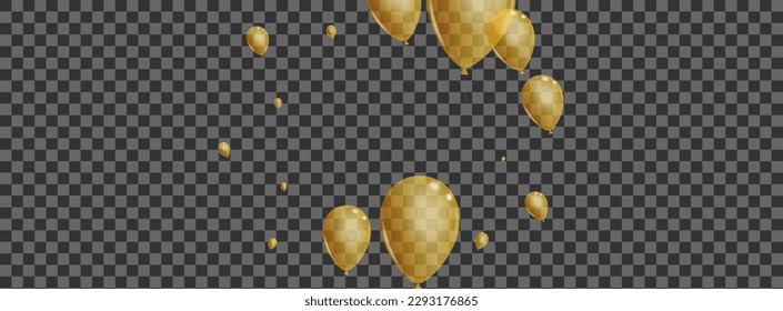 Yellow Confetti Background Transparent Vector. Ballon Ribbon Illustration. Golden Inflatable Helium. Surprise Fest Card.