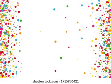 Yellow Confetti Banner Texture. Circle Dust Illustration. Orange Fall Dot. Multicolored Explosion Round Background.
