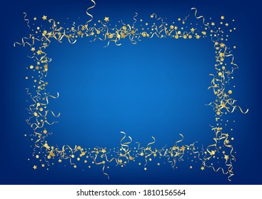 Yellow Confetti Carnival Vector Blue Background. Celebrate Spiral Plant. Streamer Paper Branch. Golden Falling Template.