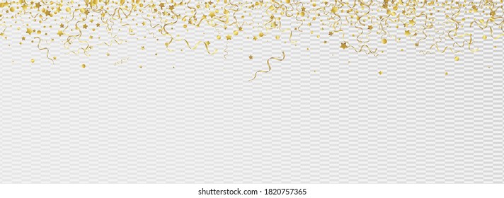 Yellow Confetti Celebrate Vector Panoramic Transparent Background. Festive Spiral Template. Star Celebration Poster. Gold Isolated Illustration.