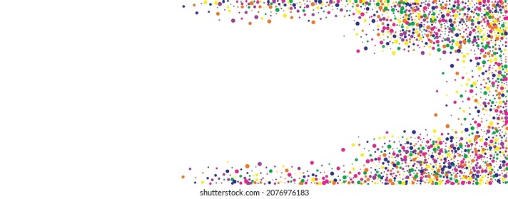 Yellow Confetti Christmas Panoramic White Background. Independence Polka Wallpaper. Transparent Dot Backdrop. Rainbow Shine Carnival Postcard.