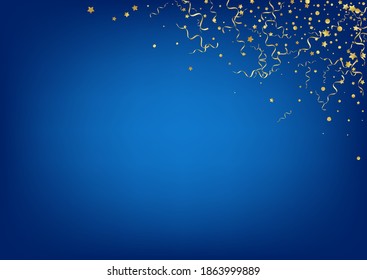 Yellow Confetti Christmas Vector Blue Background. Anniversary Spiral Poster. Ribbon Falling Plant. Golden Flying Template.